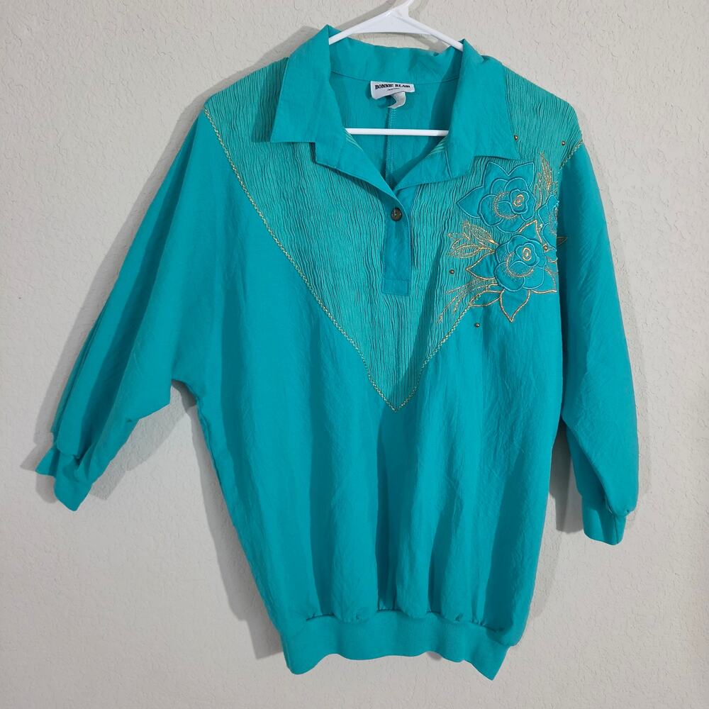 Vintage 80s Top Bonnie Blair Womens Medium Large Teal Gold  Embroidered Casual